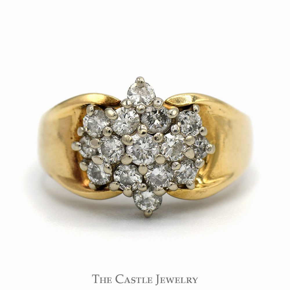 1cttw Diamond Star Cluster Ring with Polished Sides in 14k Yellow Gold Meaningful Craft