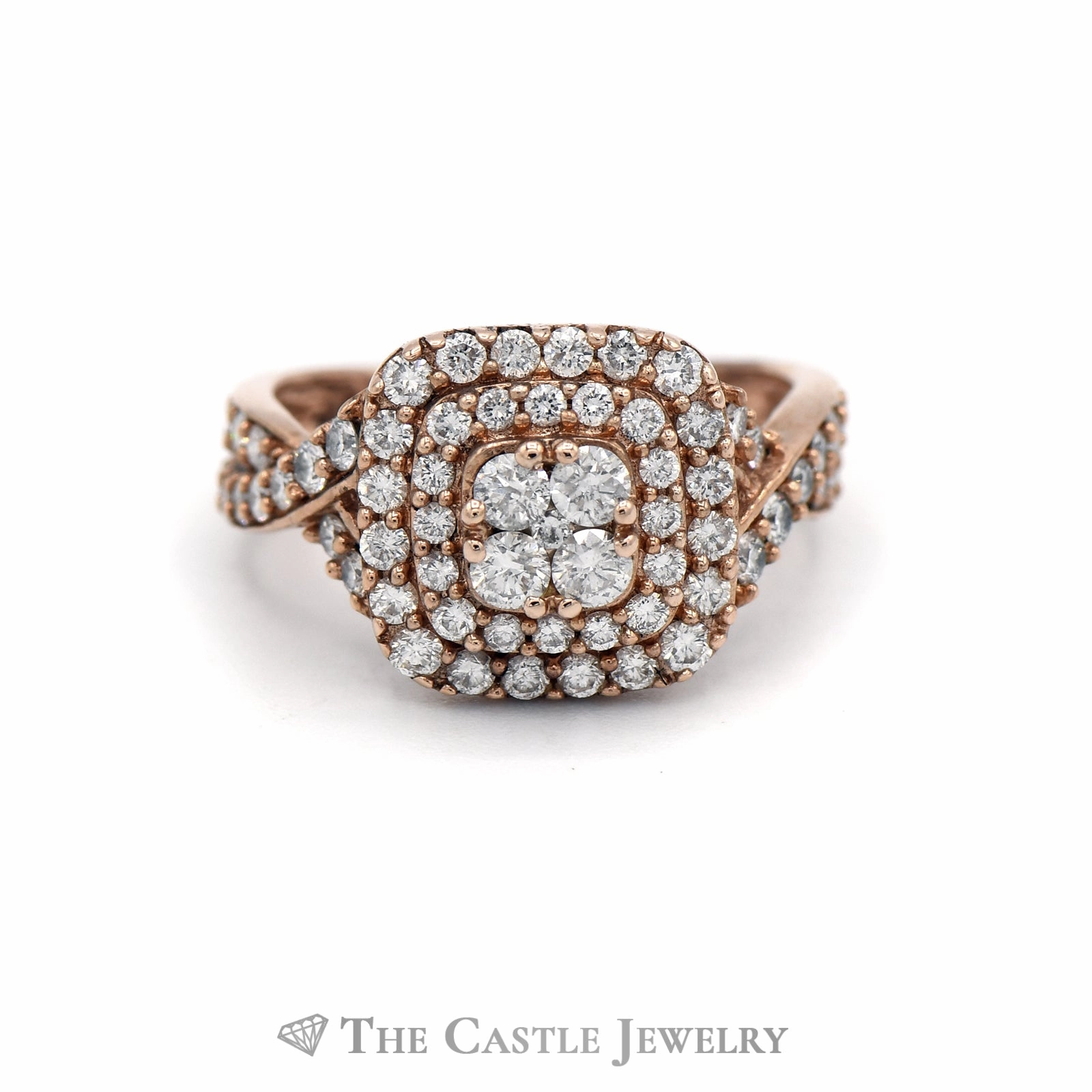 1CTTW Double Halo Engagement Ring with Diamond Sides in 10KT Rose Gold Lightweight Work Daily Grace