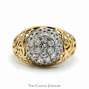 1cttw Kentucky Diamond Cluster Ring with Open Filigree Sides in 10k Yellow Gold Concrete Object