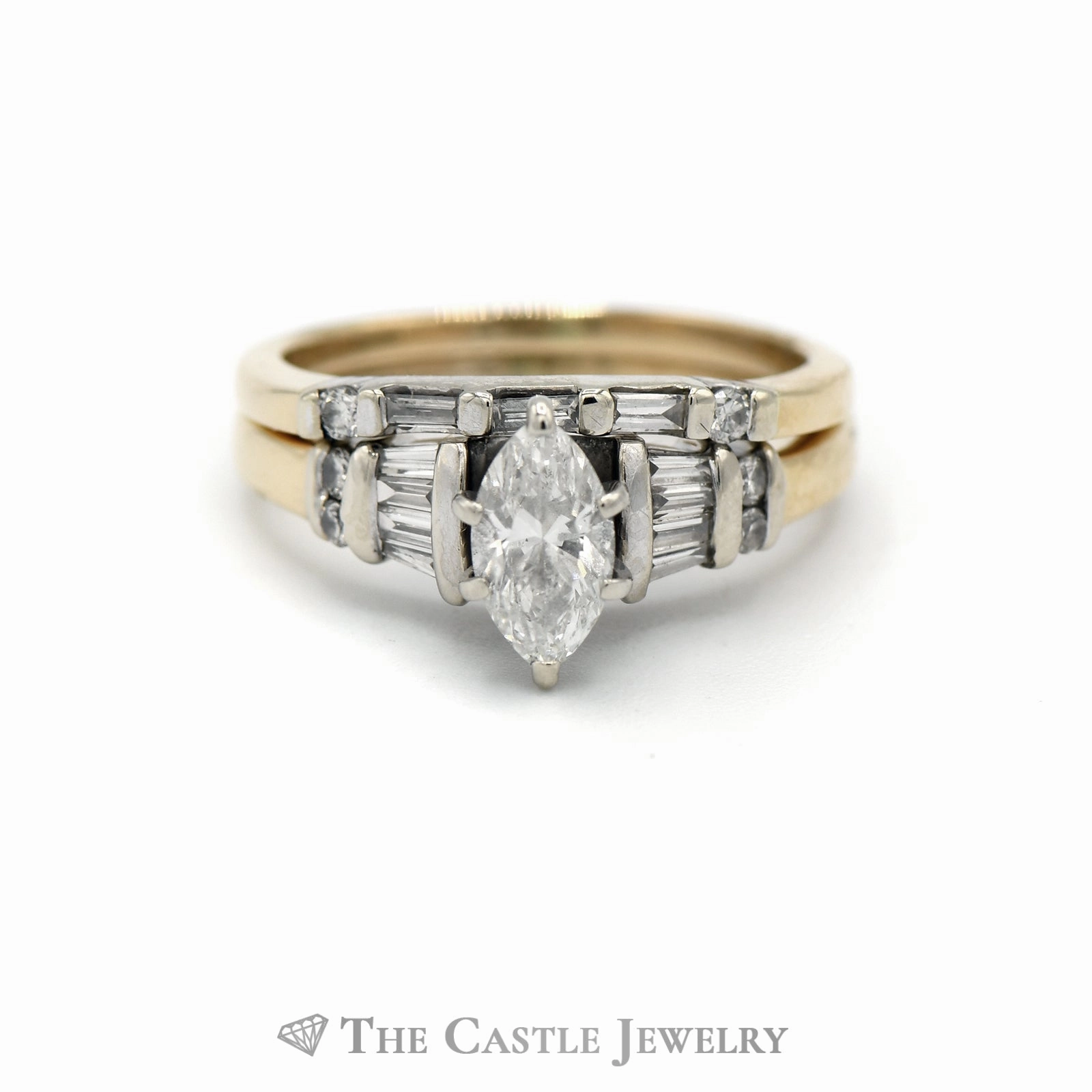 1CTTW Marquise Cut Bridal Set with Baguette & Round Diamond Accents in 14KT Yellow Gold Vintage Reproduction Affordable Memento