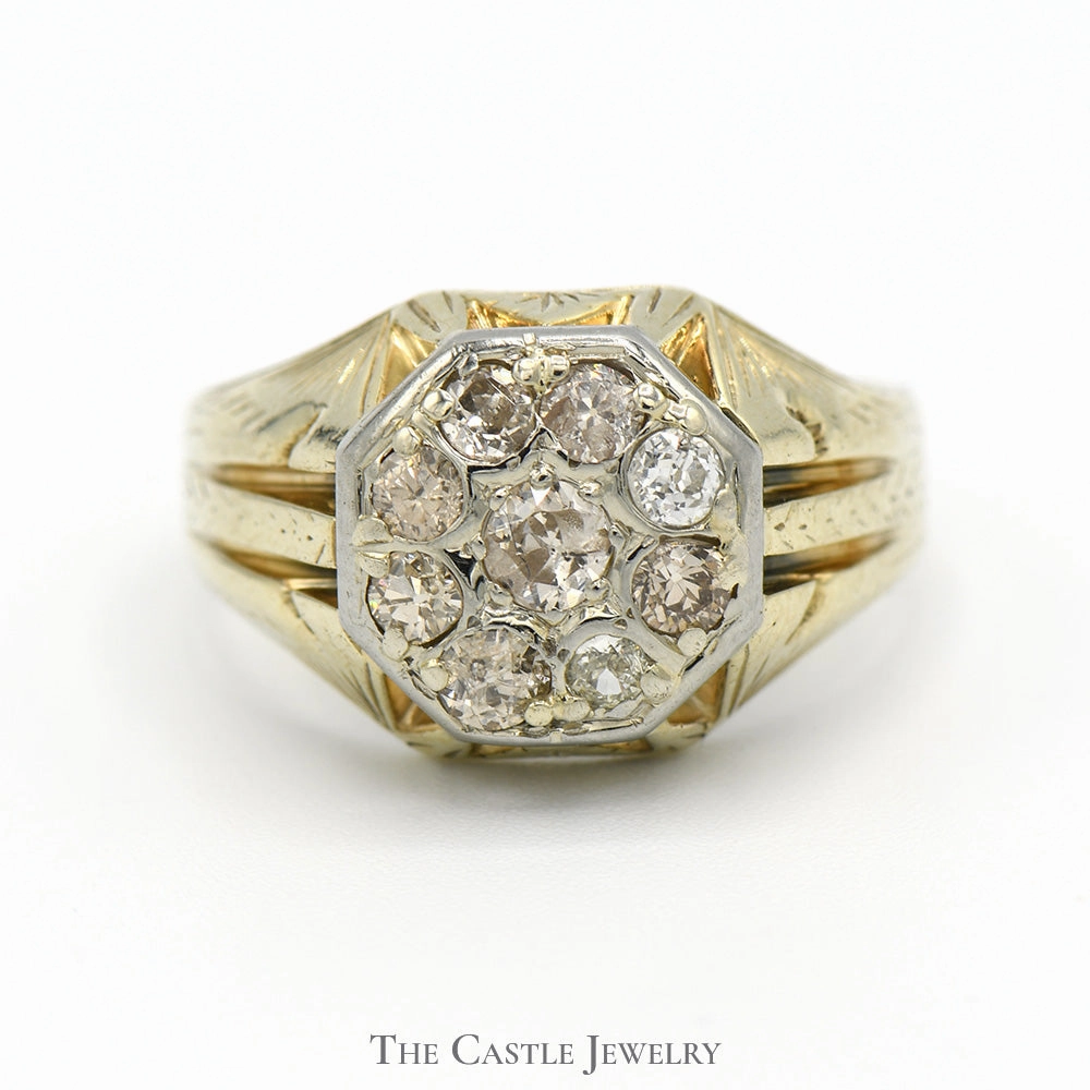 1cttw Old European Cut Diamond Cluster Ring with Antique Style Setting in 14k Yellow Gold Neutral palette Balanced Structure