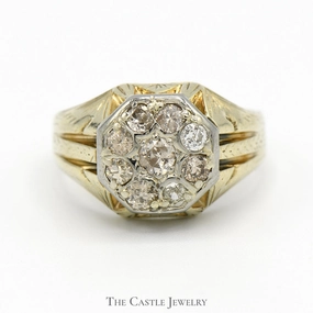 1cttw Old European Cut Diamond Cluster Ring with Antique Style Setting in 14k Yellow Gold Neutral palette Balanced Structure