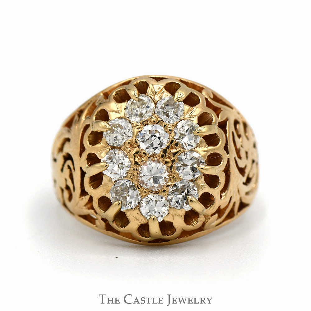 Lightweight Feel Beautiful Piece 1cttw Oval Shaped 11 Diamond Kentucky Cluster Ring with Open Filigree Sides in 10k Yellow Gold