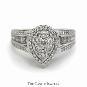 1cttw Pear Shaped Diamond Cluster Engagement Ring with Diamond Accents in 10k White Gold Bridge Mounting Premium Jewelry