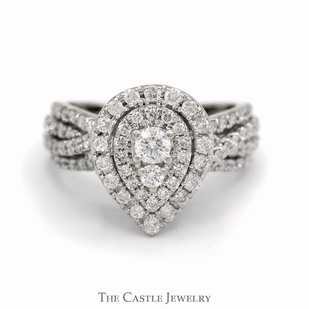 Sentimental Adornment 1cttw Pear Shaped Diamond Cluster Ring with Diamond Accented Twisted Sides in 14k White Gold