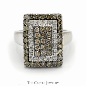 Fashionable Item 1cttw Rectangular Cocoa and White Diamond Cluster Ring in 14k White Gold