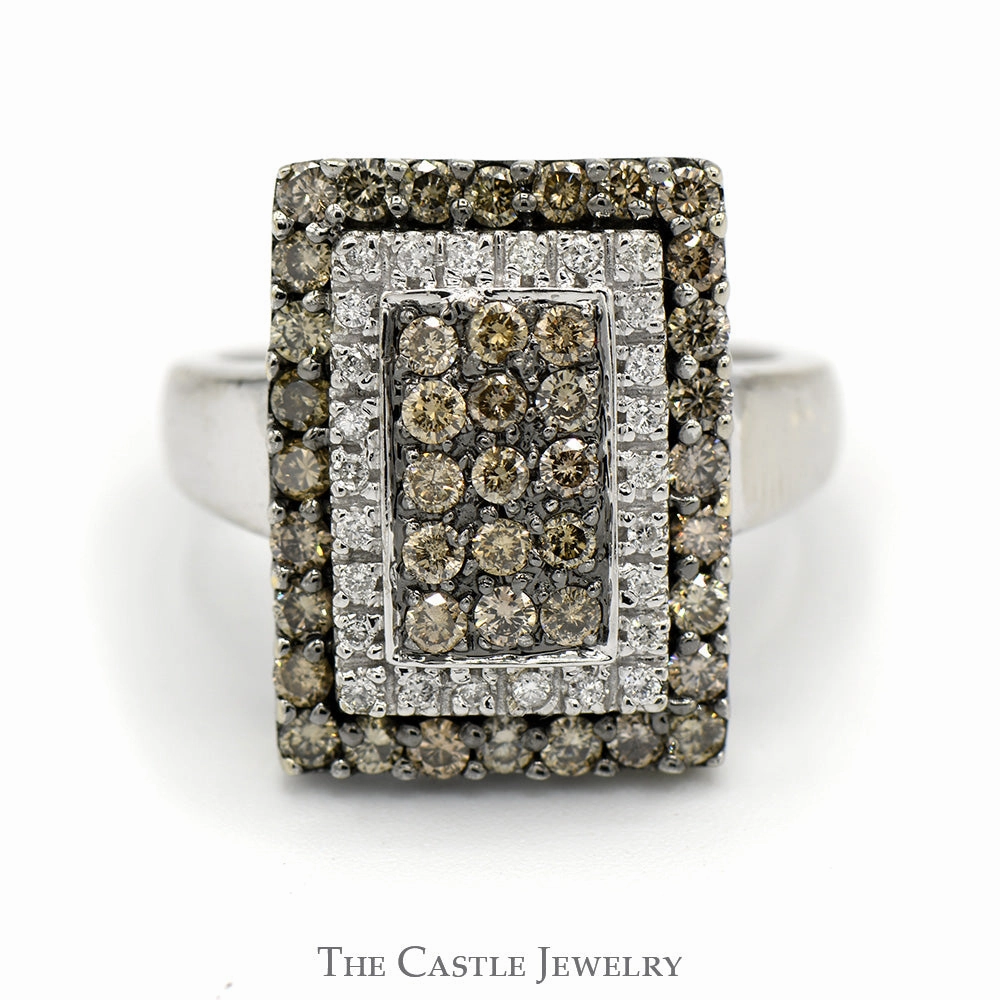 Fashionable Item 1cttw Rectangular Cocoa and White Diamond Cluster Ring in 14k White Gold