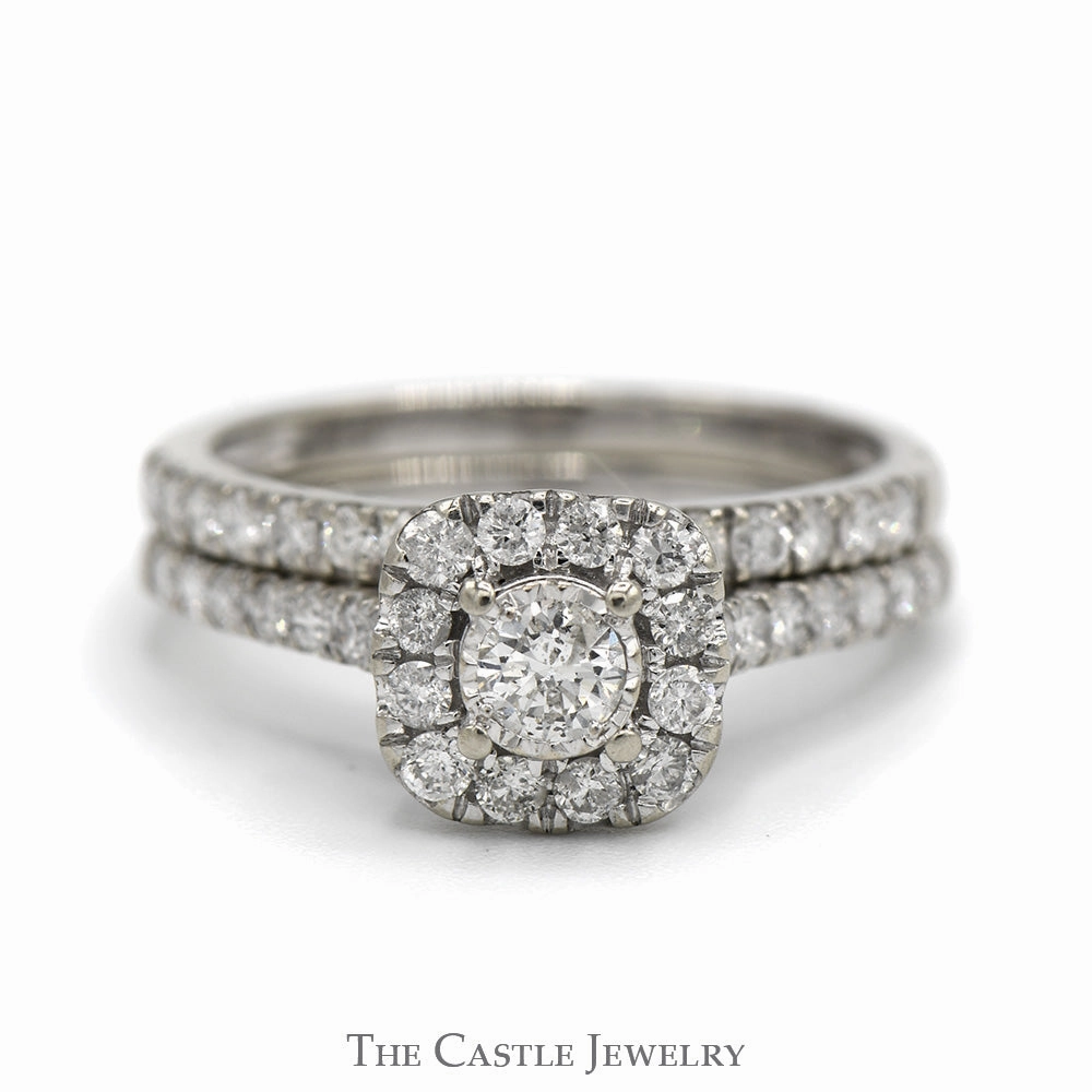 1cttw Round Diamond Bridal Set with Diamond Halo and Matching Diamond Band in 10k White Gold Sentimental Article