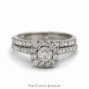 1cttw Round Diamond Bridal Set with Diamond Halo and Matching Diamond Band in 10k White Gold Sentimental Article