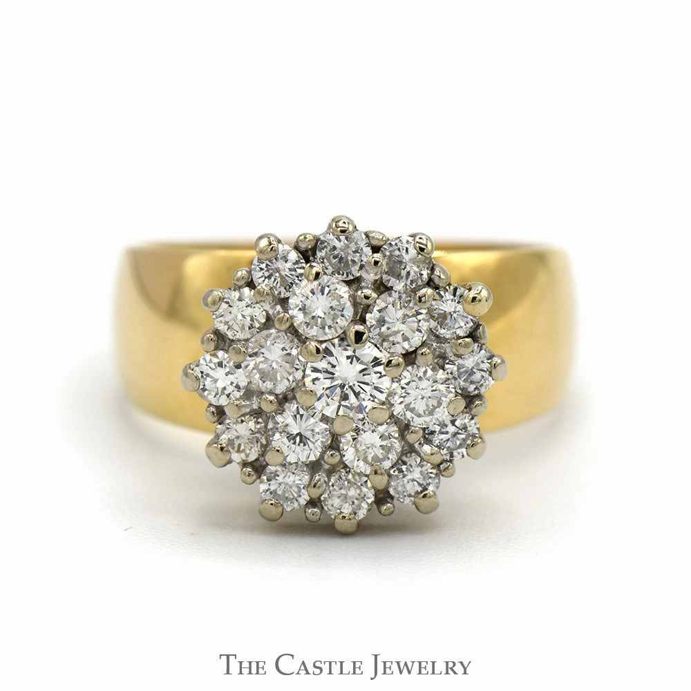 Soft Glimmer 1cttw Round Diamond Cluster Ring with Wide Polished Band in 14k Yellow Gold