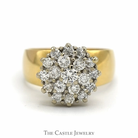 Soft Glimmer 1cttw Round Diamond Cluster Ring with Wide Polished Band in 14k Yellow Gold