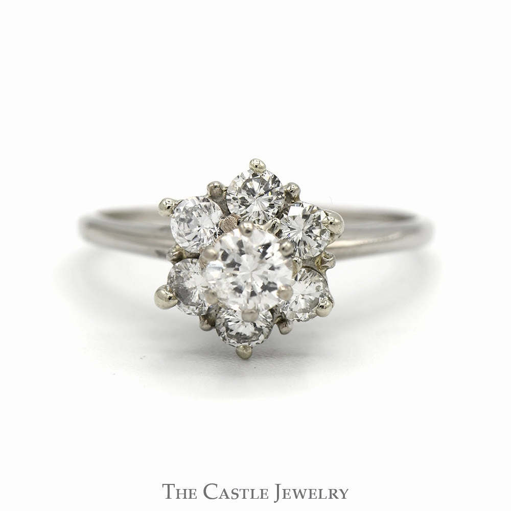 1cttw Round Diamond Flower Cluster Ring in 14k White Gold Artisan Art Unique Adornment