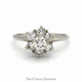 1cttw Round Diamond Flower Cluster Ring in 14k White Gold Artisan Art Unique Adornment