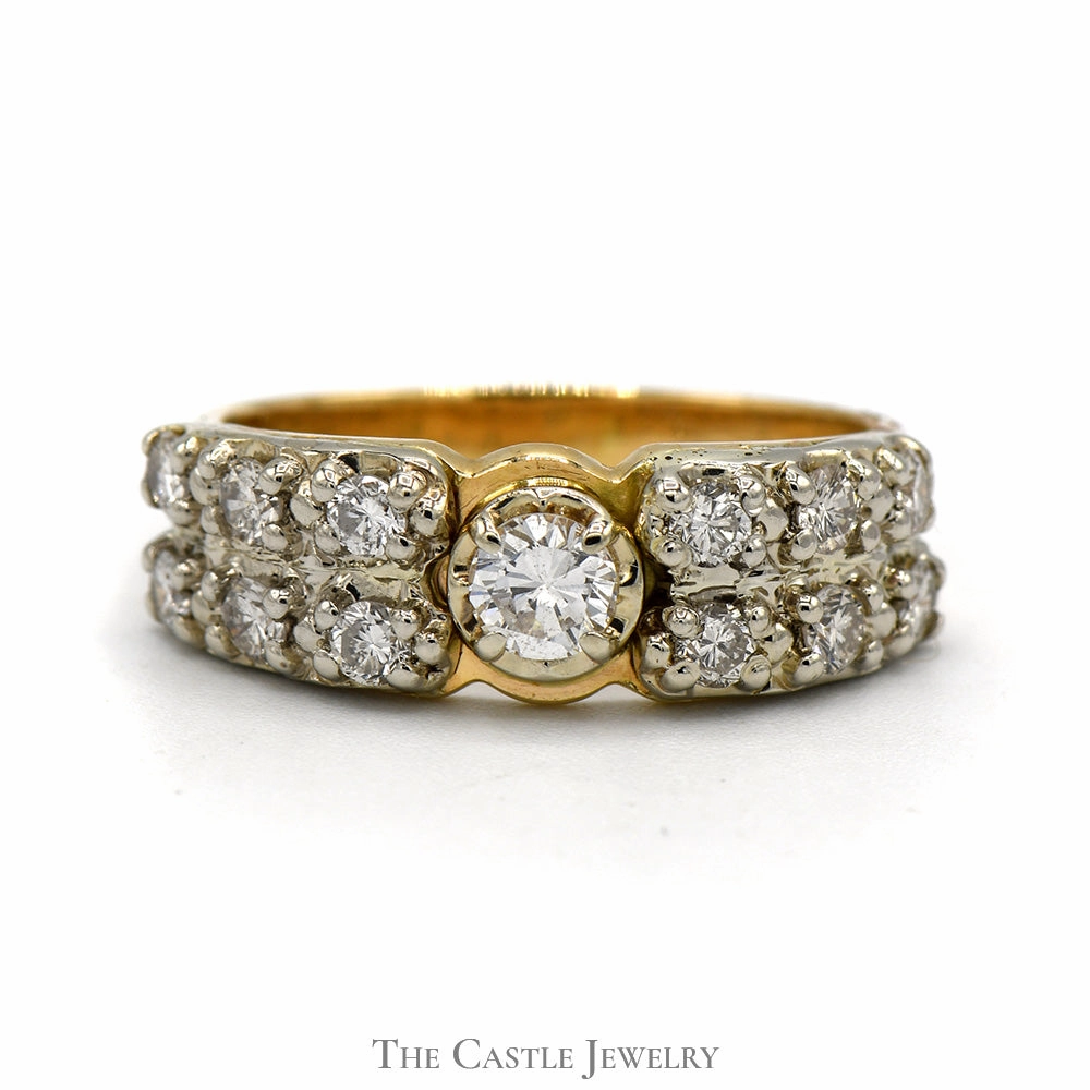 1cttw Round Diamond Solitaire with Double Row of Diamond Accents in 14k Yellow Gold Brilliant Style Shiny Expression
