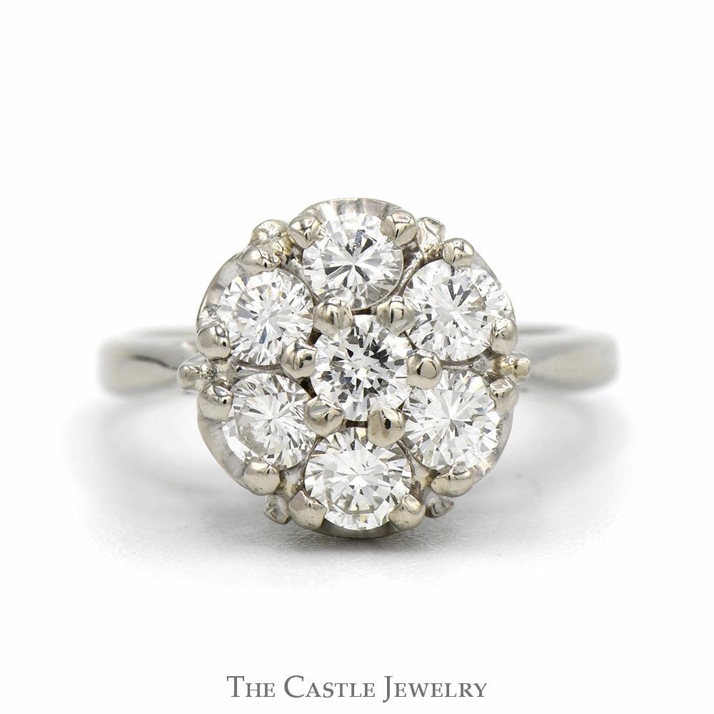 1cttw Round Shaped 7 Diamond Cluster Ring in 14k White Gold Ornate Work