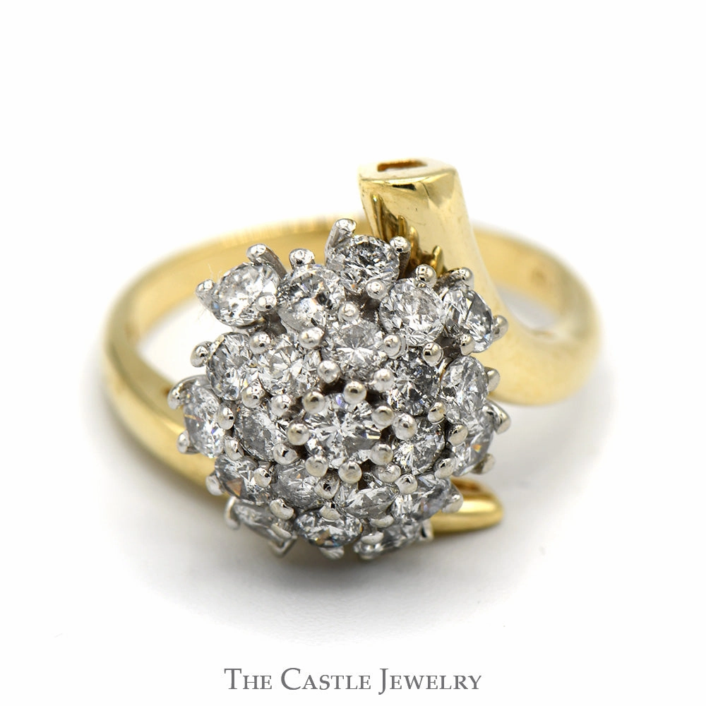 1cttw Round Shaped Diamond Cluster Ring in 14k Yellow Gold Bypass Setting All Match Style