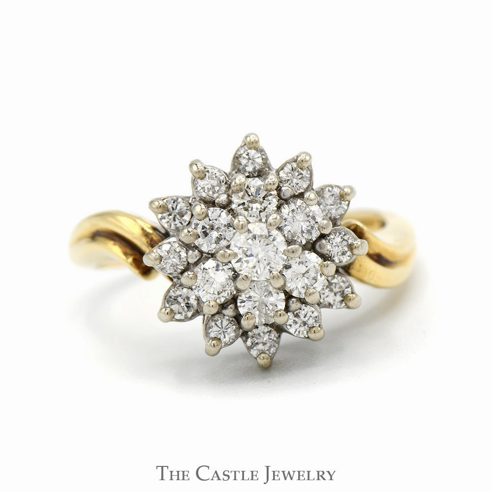1cttw Snowflake Shaped Round Diamond Cluster Ring in 14k Yellow Gold Day Style Glittery Accent