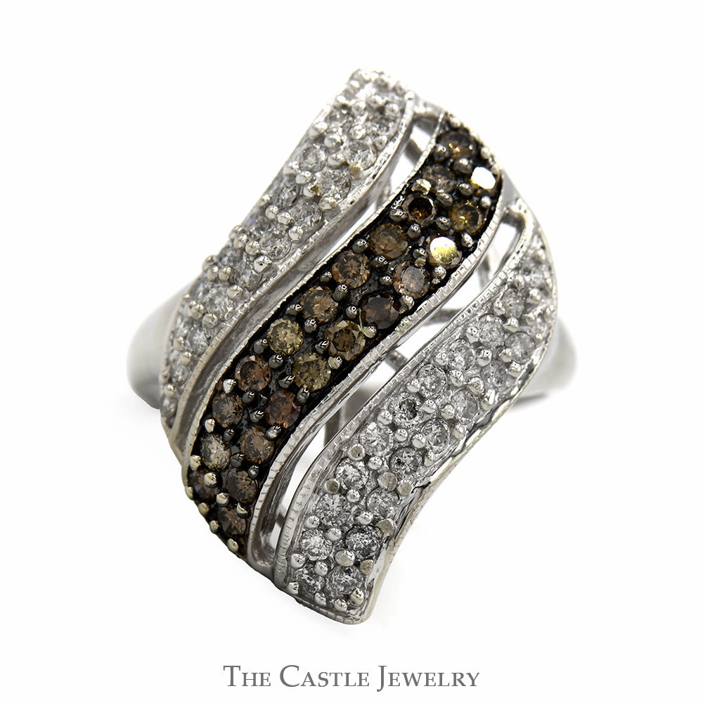 1cttw Wave Designed Cocoa and White Diamond Cluster Ring in 10k White Gold Wide Distribution Elegant Piece