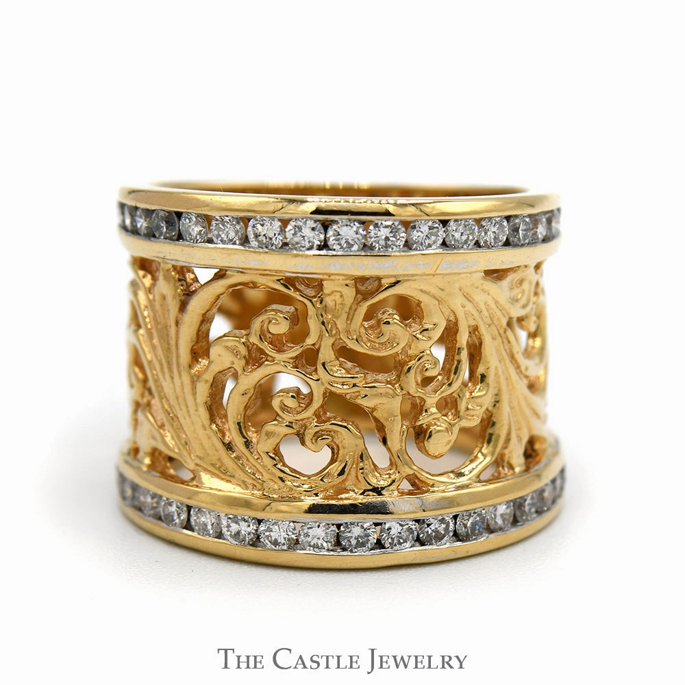 Luxury Statement Formal Style 1cttw Wide Channel Set Diamond Open Filigree Band in 10k Yellow Gold