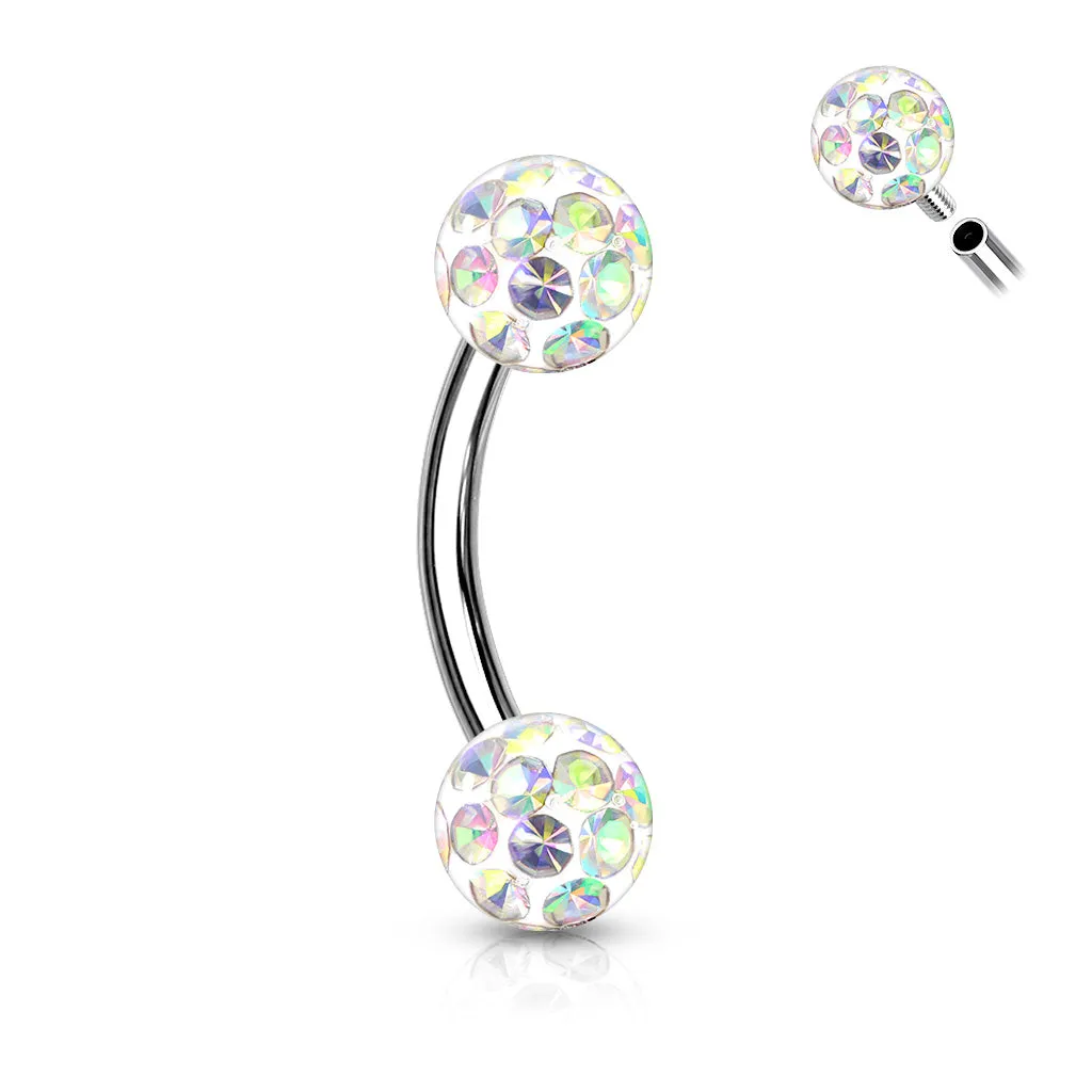 1pc Epoxy Coated Crystal Paved Ball Internally Threaded 16g Eyebrow Ring Barbell