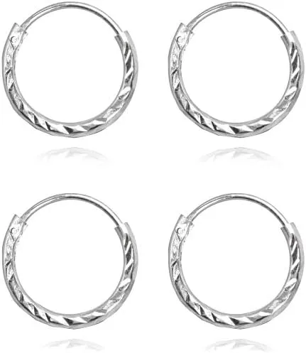 2 Pair Set Sterling Silver Diamond-Cut Tiny Small Endless Thin Round Unisex Hoop Earrings for Men Women Choose Size & Color
