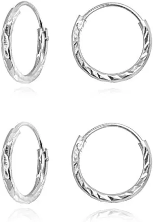 2 Pair Set Sterling Silver Diamond-Cut Tiny Small Endless Thin Round Unisex Hoop Earrings for Men Women Choose Size & Color