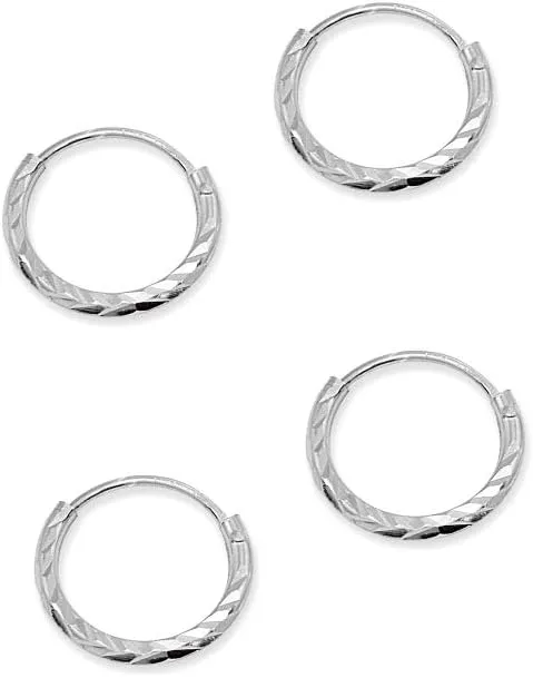 2 Pair Set Sterling Silver Diamond-Cut Tiny Small Endless Thin Round Unisex Hoop Earrings for Men Women Choose Size & Color