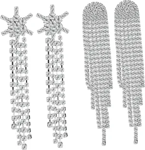 2 Pairs Long Tassel Dangle Earrings Sparkly Rhinestones Women's Fashion