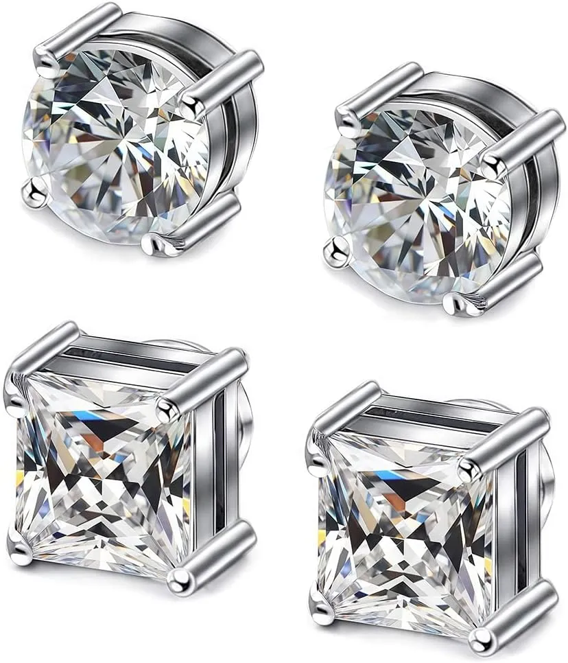 2 Pairs Stainless Steel Magnetic Stud Earrings for Men Women Non-piercing CZ Hypoallergenic Clip on Earring Magnetic Studs Earring 5-8MM(SE-21)
