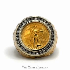 Elegant Form Brilliant Object 2002 Liberty Coin Ring with 1/2cttw Diamond Bezel and Textured Nugget Sides in 14k Yellow Gold