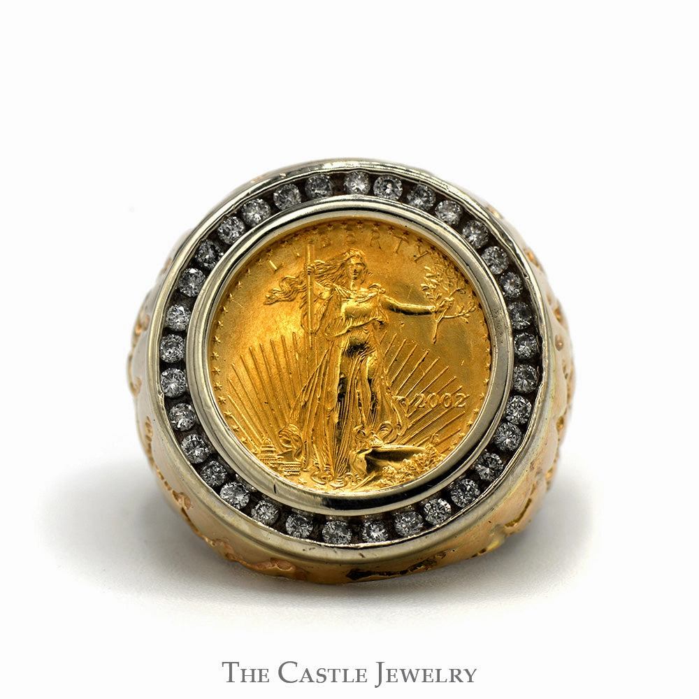 Elegant Form Brilliant Object 2002 Liberty Coin Ring with 1/2cttw Diamond Bezel and Textured Nugget Sides in 14k Yellow Gold