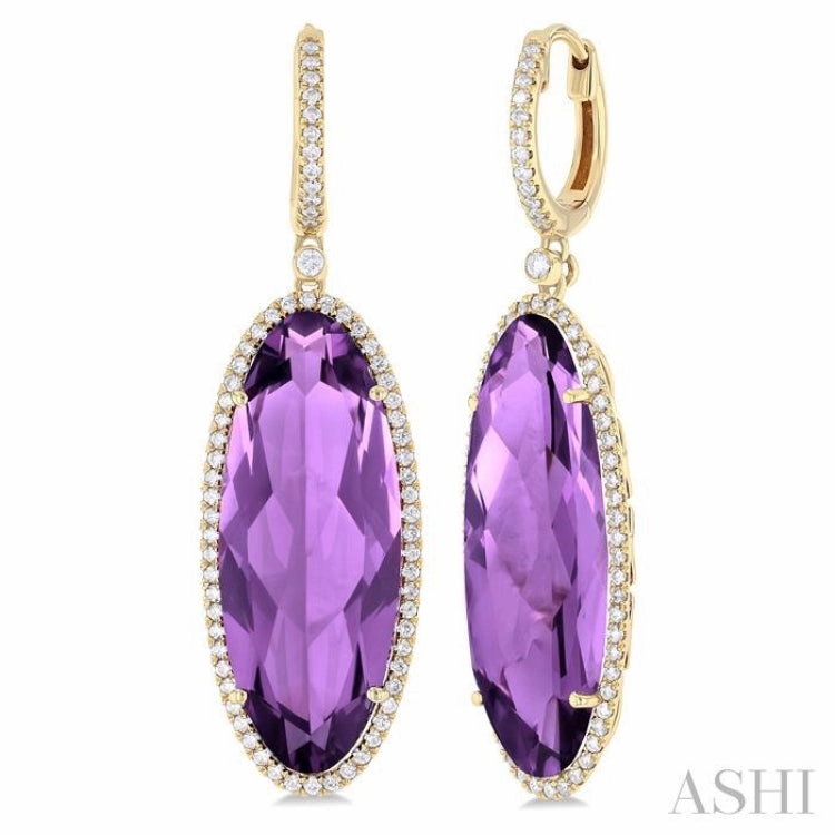 Crystal Clear Graceful Feature 20x8 MM Oval Cut Amethyst and 1/2 Ctw Round Cut Diamond Halo Semi-Precious Earrings in 14K Yellow Gold