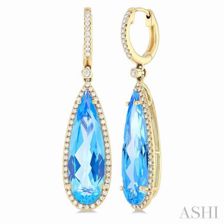 Flawless Style 23x7 MM Pear Shape Blue Topaz and 3/8 Ctw Round Cut Diamond Halo Semi-Precious Earrings in 14K Yellow Gold
