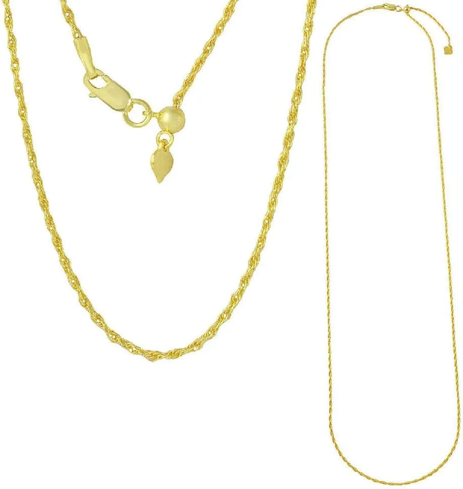 24" Sterling Silver Yellow Gold Plated Adjustable 1.3 mm Slider Rope Chain Necklace