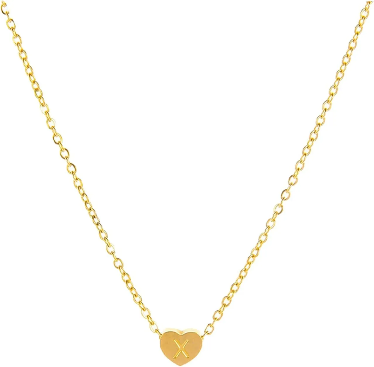 26 Letters Heart Shaped Pendant Necklace Minimalist Collarbone Chain for Women Initial Pendant Necklaces (X, One Size)