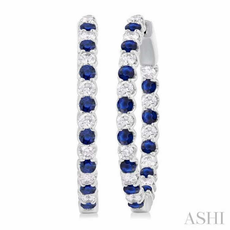 2.1 MM Round Sapphire and 1 ctw Round Cut Diamond Inside & Outside Alternating Precious Hoop Earrings in 14K White Gold Sleek Piece Artisan Jewelry