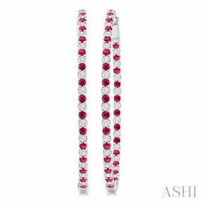 2.1 MM Ruby and Alternating 2 1/2 Ctw Round Cut Inside-Out Diamond Precious Hoop Earrings in 14K White Gold Fine Accent