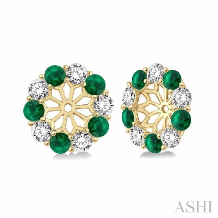 2.3 MM Round Cut Emerald and 1/2 Ctw Round Cut Diamond Precious Earrings Jacket in 14K Yellow Gold Winter Vibes Glam Focus