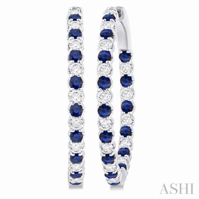 Timeless Duo Sparkling Shine 2.3 MM Round Sapphire and 1 1/2 ctw Round Cut Diamond Inside & Outside Alternating Precious Hoop Earrings in 14K White Gold