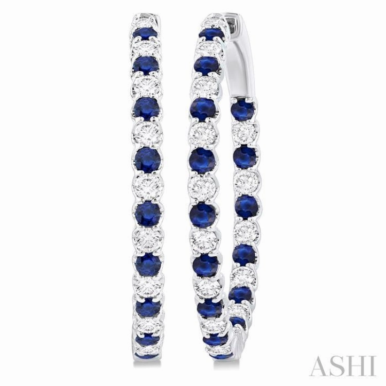 Timeless Duo Sparkling Shine 2.3 MM Round Sapphire and 1 1/2 ctw Round Cut Diamond Inside & Outside Alternating Precious Hoop Earrings in 14K White Gold