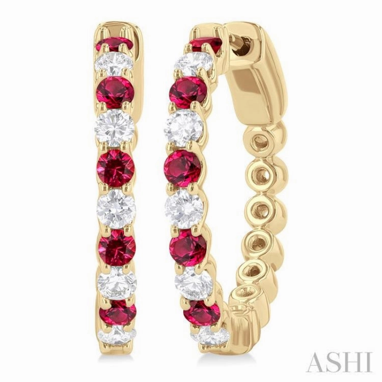 2.4 MM Round Cut Ruby and 5/8 Ctw Round Cut Diamond Precious Hoop Earring in 14K Yellow Gold Glittering Details Romantic Event