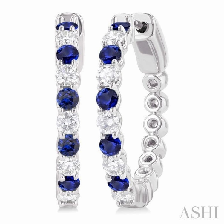 Delicate Finish Luxury Impression 2.4 MM Round Cut Sapphire and 5/8 ctw Round Cut Diamond Precious Hoop Earring in 14K White Gold