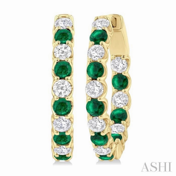 2.5 MM Emerald and 1 ctw Round Cut Inside-Out Diamond Precious Hoop Earrings in 14K Yellow Gold Polished Shape