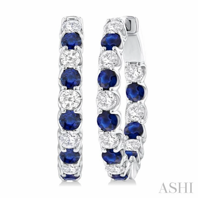 Spring Mood 2.5 MM Sapphire and 1 ctw Round Cut Inside-Out Diamond Precious Hoop Earrings in 14K White Gold