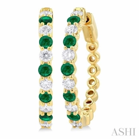 2.7 MM Round Cut Emerald and 7/8 ctw Round Cut Diamond Precious Hoop Earring in 14K Yellow Gold Luxury Aura