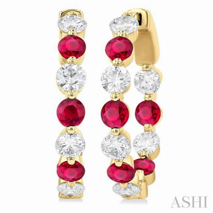 Timeless Jewelry Look Fashion Must 2.85 MM Round Cut Ruby and 1 Ctw Round Cut Diamond Precious Inside-Out Alternating Hoop Earrings in 14K Yellow Gold