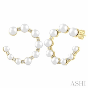 2.8 - 4.5 MM Round Shape Cultured Pearls and 1/5 Ctw Graduated Round Cut Diamond Half Hoop Earring in 14K Yellow Gold Polished Contour daily accessory