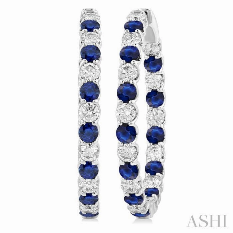 Stylish Pop 2.9 MM Round Sapphire and 2 5/8 ctw Round Cut Diamond Inside & Outside Alternating Precious Hoop Earrings in 14K White Gold