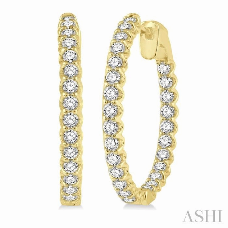 Silky texture understated look 2 Ctw Inside-Out Round Cut Diamond Hoop Earrings in 14K Yellow Gold