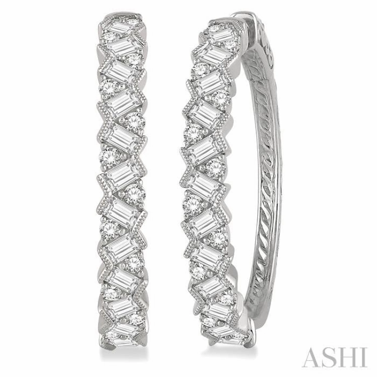 2 Ctw Zigzag Baguette and Round Cut Diamond Hoop Earring in 14K White Gold Trendy Gifts Exclusive Charm